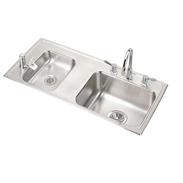 Lustertone Stainless Steel 37-1/4X17X7-5/8 Double Bowl Top Mount Classroom Sink + Faucet/Bubbler Kit